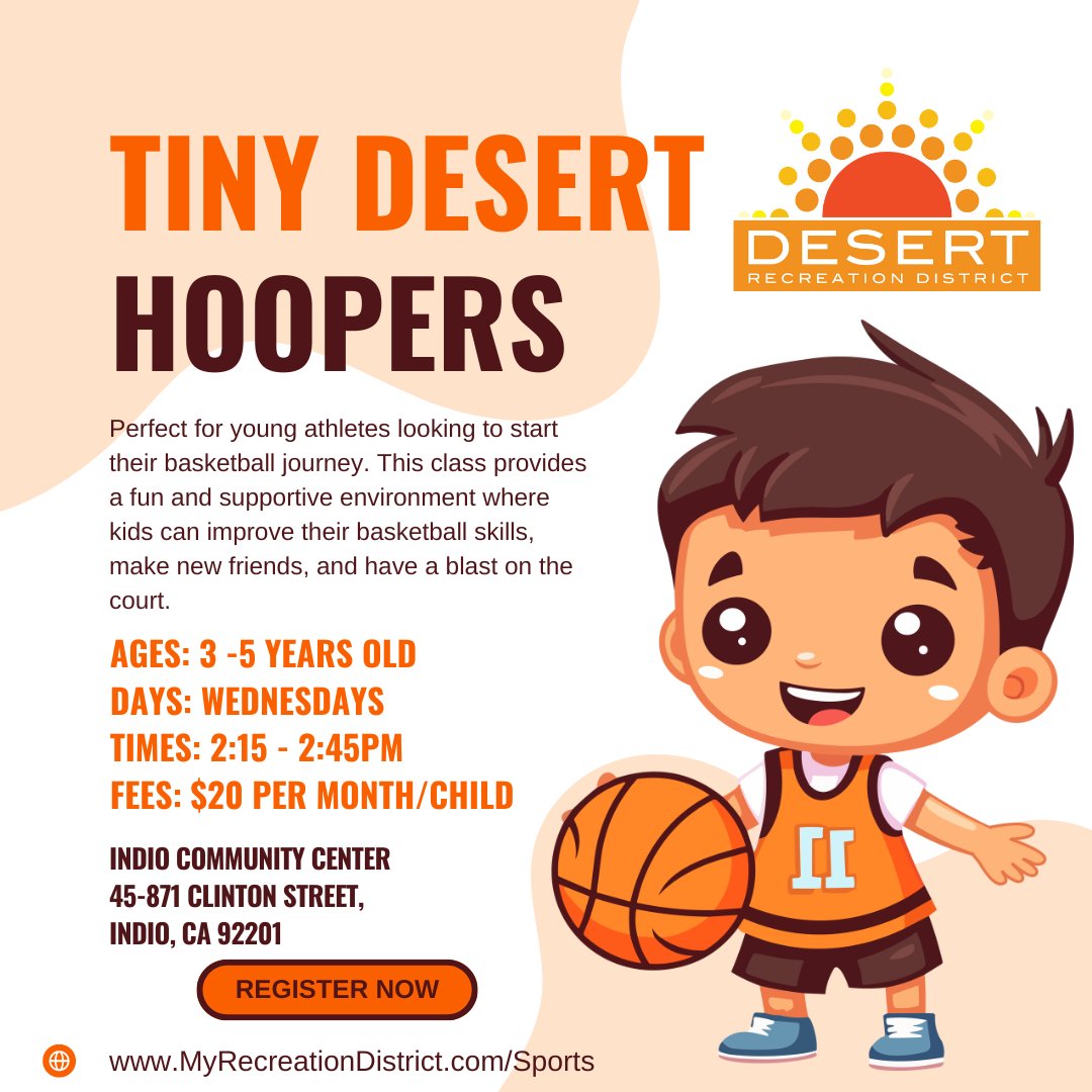 Tiny Desert Hoopers, at our Indio Community Center on Wednesdays, gives young athletes (ages 3-5 years old) a chance to try their hand at basketball.  Learn the basics of the sport in supportive environment and have fun making new friends. Sign up:
myrecreationdistrict.com/sports