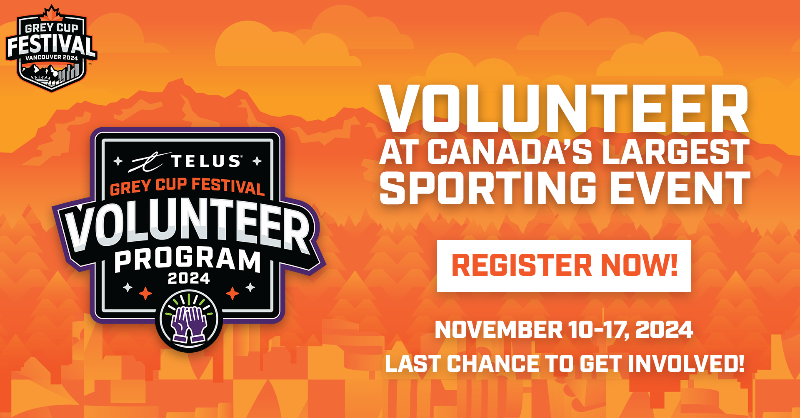 GreyCupFestival's tweet photo. Join the @TELUS 2024 Grey Cup Festival Volunteer Program!

We’re looking for energetic and enthusiastic individuals to be the face and engine of the 2024 Grey Cup Festival coming to Vancouver Nov 10-17 🏈✨

Register your interest below. Limited positions available.