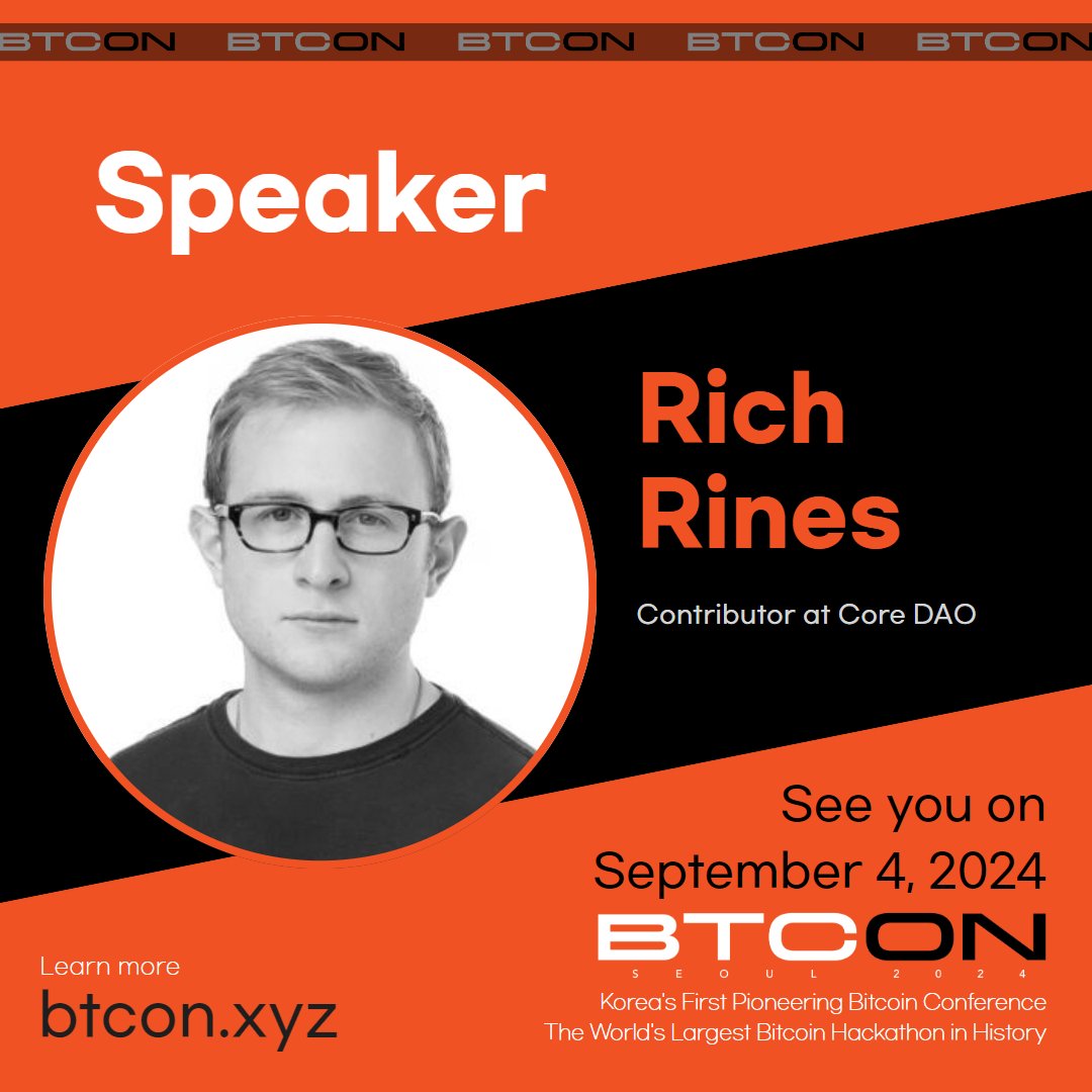 Speaker Announcement @richrines, Contributor at @Coredao_Org, will be  speaking at #BTCONSEOUL @Coredao_Org serves as the Proof of Stake layer for  Bitcoin as the first enabler of Non-Custodial Bitcoin Staking, which  secures a