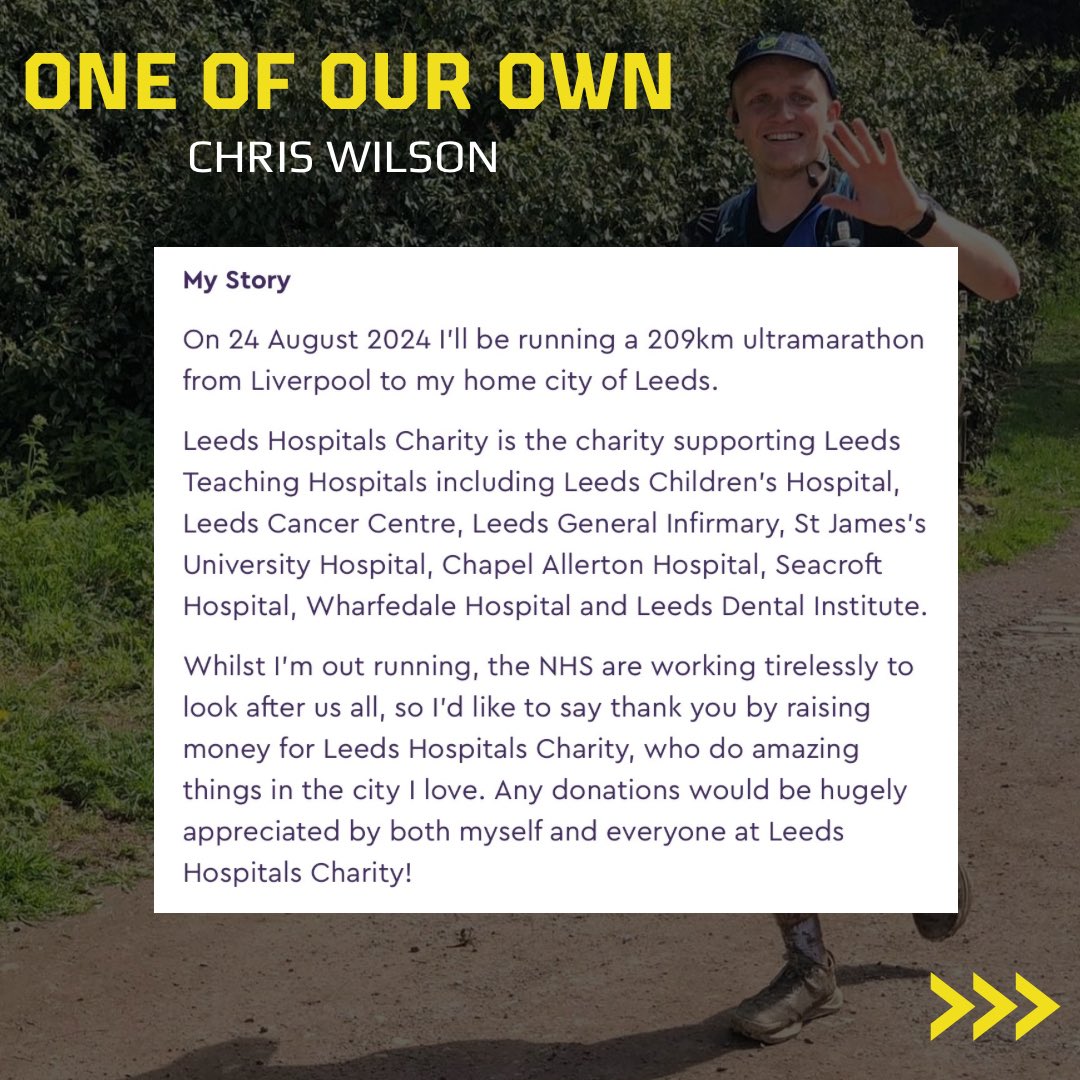 HarlowHillFC's tweet photo. ⭐️ Super proud of our Club Captain Chris Wilson.

On Saturday 24th August, Chris will be running a staggering 209km 🤯, for his chosen charity @LeedsHospitals 

Thank you for taking the time to read Chris’ story and any donations would be greatly appreciated.

⬇️ See Link Below https://t.co/52uCIlZgQJ
