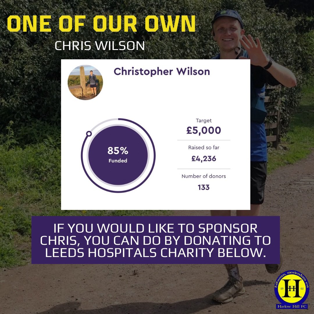 HarlowHillFC's tweet photo. ⭐️ Super proud of our Club Captain Chris Wilson.

On Saturday 24th August, Chris will be running a staggering 209km 🤯, for his chosen charity @LeedsHospitals 

Thank you for taking the time to read Chris’ story and any donations would be greatly appreciated.

⬇️ See Link Below https://t.co/52uCIlZgQJ