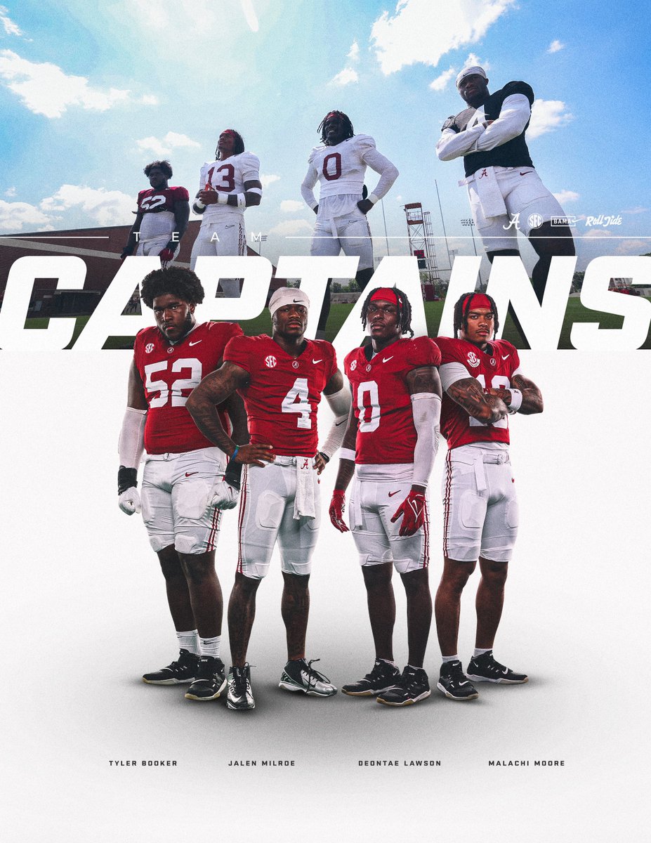 Etched in History. 👏

Your 2024 Alabama Football Team Captains!

<a href="/JalenMilroe/">Jalen Milroe</a>
<a href="/Deontae_0/">Deontae Lawson</a> 
<a href="/iamtylerbooker/">Tyler Booker🦍</a>
<a href="/malachi_moore13/">Kinggchi👑</a> 

#RollTide