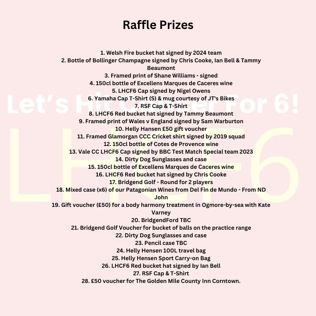 Lets Hit Cancer For 6 
Sunday 25th August - 9:30am

Buy a raffle ticket here - forms.pabbly.com/form/share/naA…

There are some amazing prizes up for grabs... check out the list below!

#LHCF6 #LetsGoVale