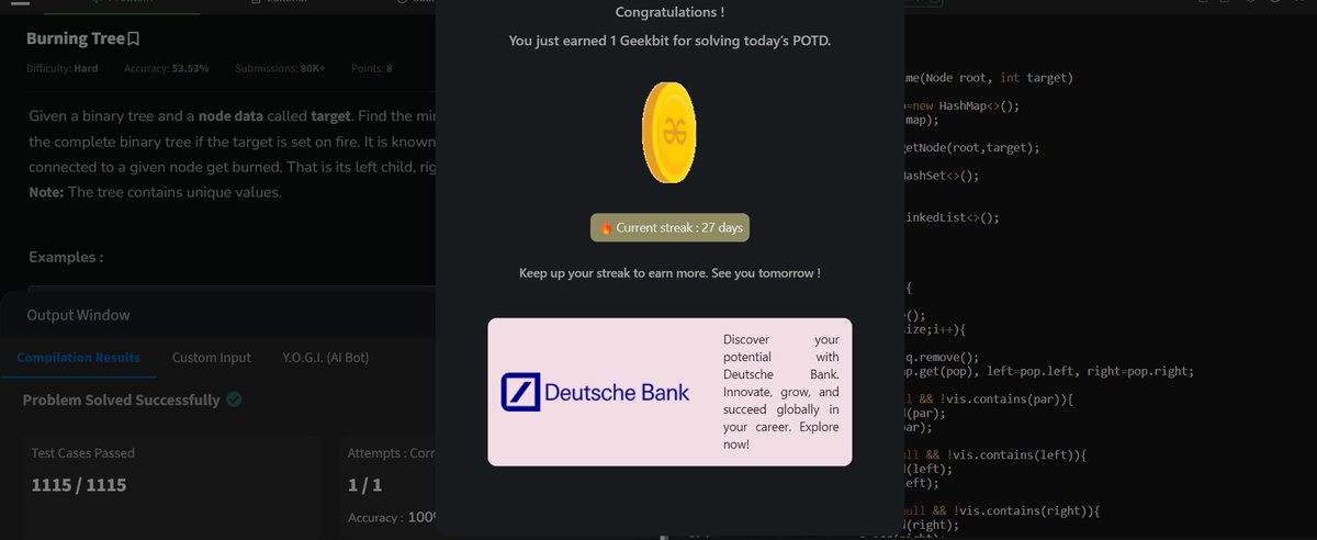 genzkoder's tweet image. Day 27 of #GeekStreak2024: Solved Today&apos;s Problem of the Day
@GeeksforGeeks

🧑‍💻 Check out the problem here:    geeksforgeeks.org/problems/burni…

 #geekstreak2024 #Coding #30DaysOfCode #GeeksforGeeks #potd #geeksforgeeks