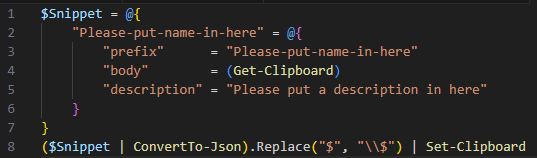 I cannot believe, that VSCode does not have a method for converting a given PS-Code to Snippet-JSON Format? Or is there one and I did miss it ?
This is my solution: