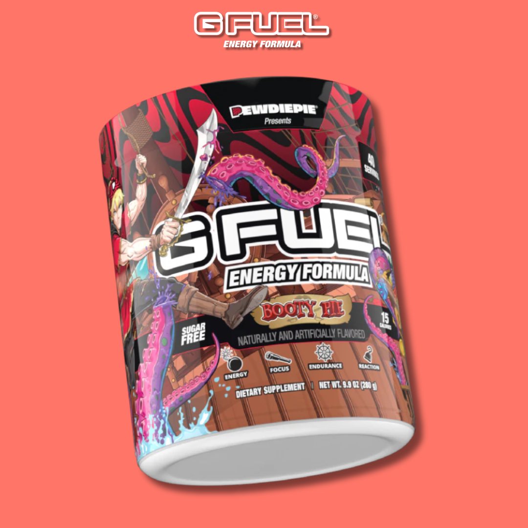 GFuelEnergy's tweet photo. ❤️ LIKE + RETWEET to win a PewDiePie x G FUEL “BOOTY PIE” Bundle! 

🏴‍☠️ 2 WINNERS picked tomorrow bc these babies are OUT NOW! https://t.co/YqiU7qSdMM