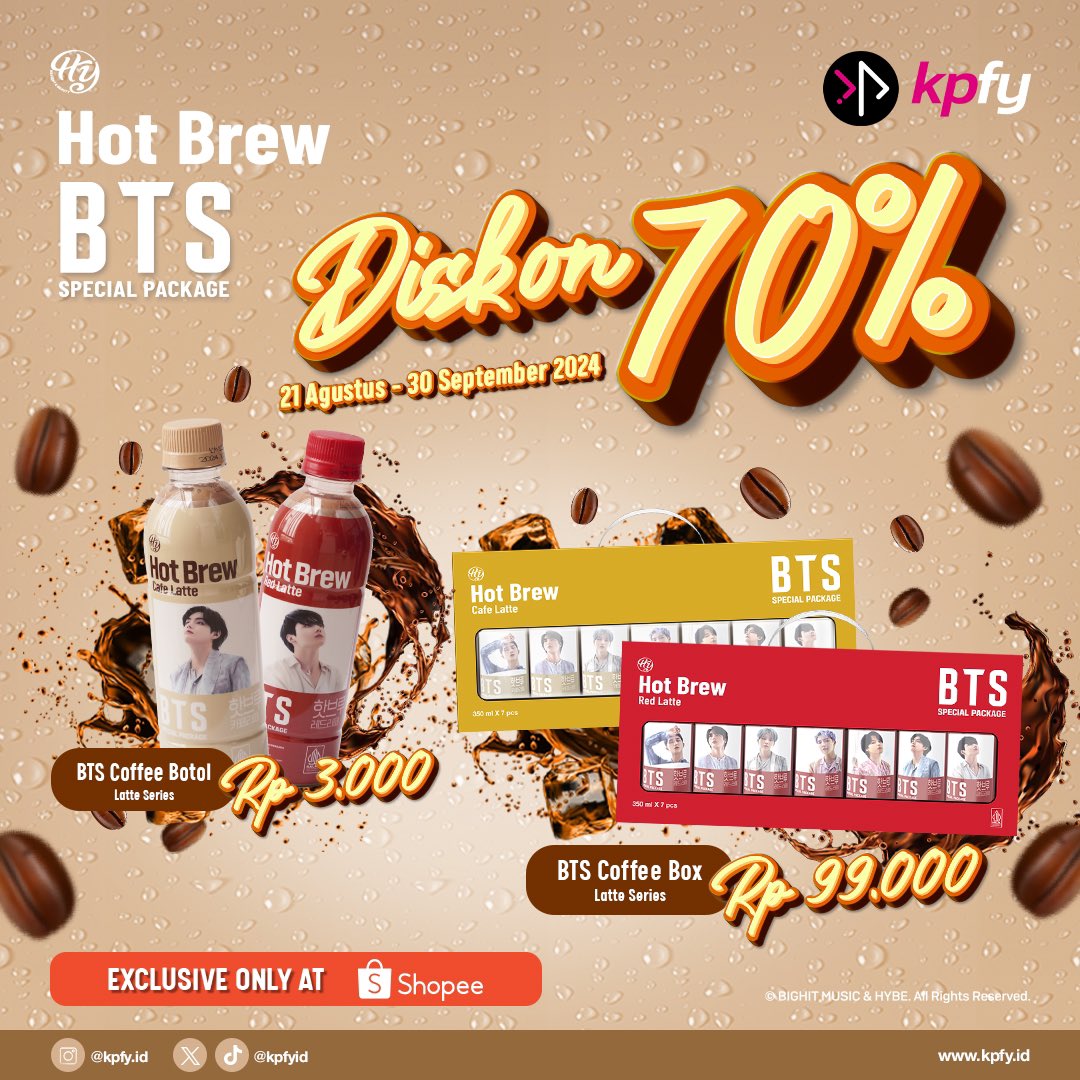 kpfyid's tweet photo. DISKON 70% BTS COFFEE MASIH LANJUT?!✨

Promo ini cuma berlaku di SHOPEE untuk LATTE SERIES (Cafe Latte &amp; Red Latte) sampai 30 September 2024 nanti!

Get yours now karena BTS COFFEE ini CUMA SEKALI PRODUKSI!🔥

#TemukanInspirasimudiSetiapTegukan #KPFY #BTSCoffee #BTS #KPFYriends https://t.co/wdy5KrZ2v4