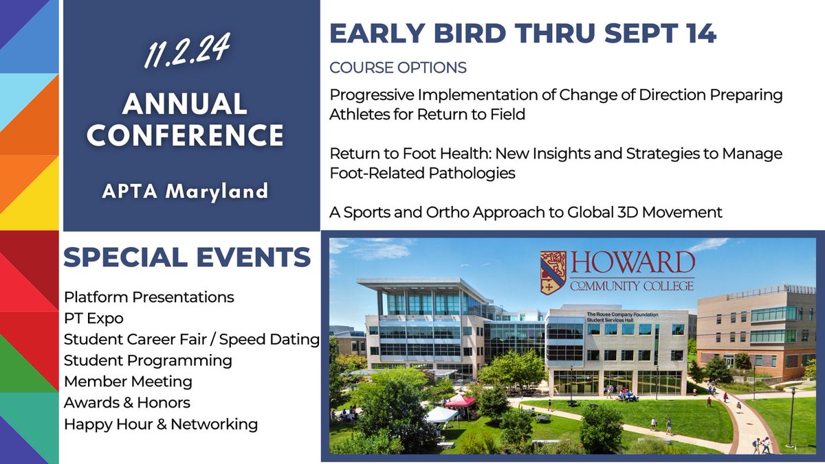 APTAofMaryland's tweet photo. ✨#APTAMD Annual Conference & PT Expo Nov. 2 ✨3 AMAZING courses. Special student track & career fair. Earn 7 credit hours. Early Bird thru Sept 14 w/ HUGE savings. https://t.co/LEmBfutymu #OrthoPT #PTeducation @aptamdSSIG @RoyFilmDPT @drmoniquecaruth
@UkohaDPT @ryansmithdpt https://t.co/hr3PWCKdBz