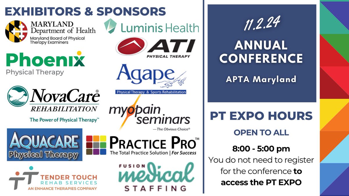 APTAofMaryland's tweet photo. ✨#APTAMD Annual Conference & PT Expo Nov. 2 ✨3 AMAZING courses. Special student track & career fair. Earn 7 credit hours. Early Bird thru Sept 14 w/ HUGE savings. https://t.co/LEmBfutymu #OrthoPT #PTeducation @aptamdSSIG @RoyFilmDPT @drmoniquecaruth
@UkohaDPT @ryansmithdpt https://t.co/hr3PWCKdBz