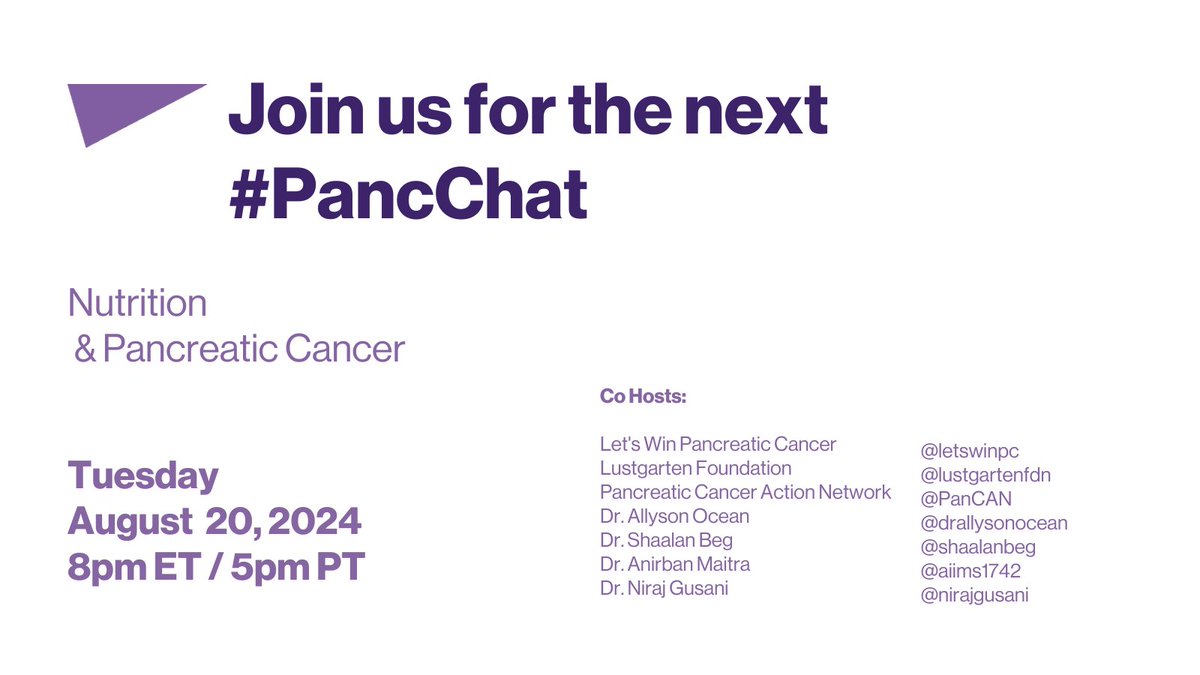 letswinpc's tweet photo. Don't forget that tonight is #PancChat! Join us at 8pm ET / 5pm PT to chat about nutrition and pancreatic cancer with special guest @ljamaral1. Co-hosts for tonight's chat are @drallysonocean @shaalanbeg @Aiims1742 @NirajGusani @lustgartenfdn and @PanCAN. https://t.co/wcXcHiiXG6