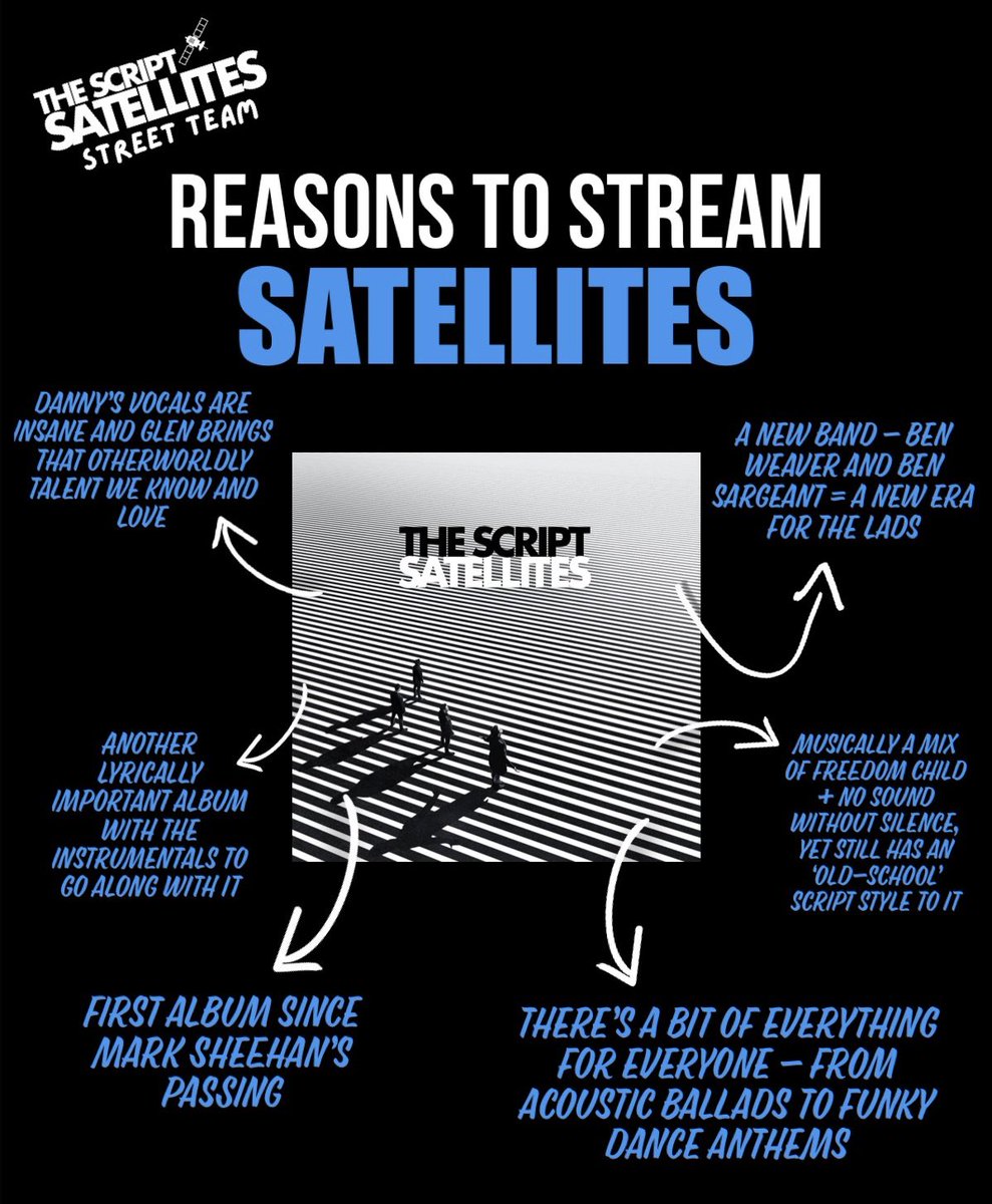 script_st's tweet photo. We’ve collected just a few of the countless reasons you should be streaming #Satellites by @thescript - what other points would you add? 📡🛰️🤍 #ScriptSatellites #DoItForMark https://t.co/BrLbFP7H60