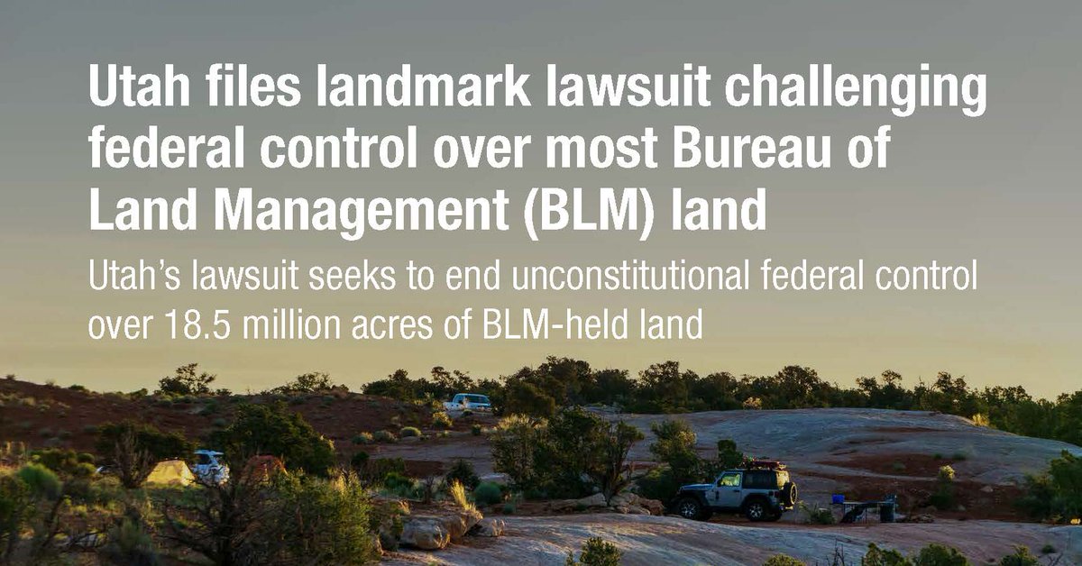 Stand4OurLandUT's tweet photo. Today, Utah filed a historic public lands lawsuit asking the @USSupremeCourt to address whether the federal government can hold unappropriated land within a State indefinitely. The land in question is 18.5 million acres controlled by the @BLMUtah.

https://t.co/dUQdH6lbvZ [1/3] https://t.co/S3x5hoRtn1