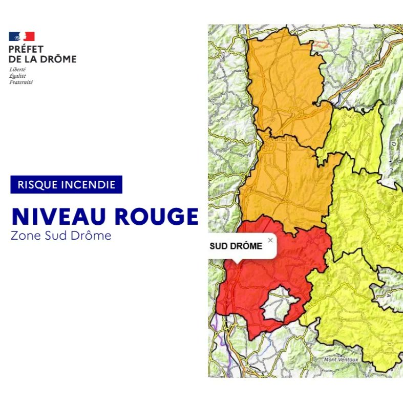 Prefet26's tweet image. #FeuxdeForêt | 📢 Demain, mercredi 21 août, le niveau de risque feu 🔥 de forêt 🌳  est TRÈS SÉVÈRE sur le #secteur #SudDrôme

Dans ce secteur sont interdits ❌  :
➡️ la circulation des véhicules 🚗 à moteur 🏍  sur les pistes non-revêtues 
➡️ les travaux à risque susceptibles de