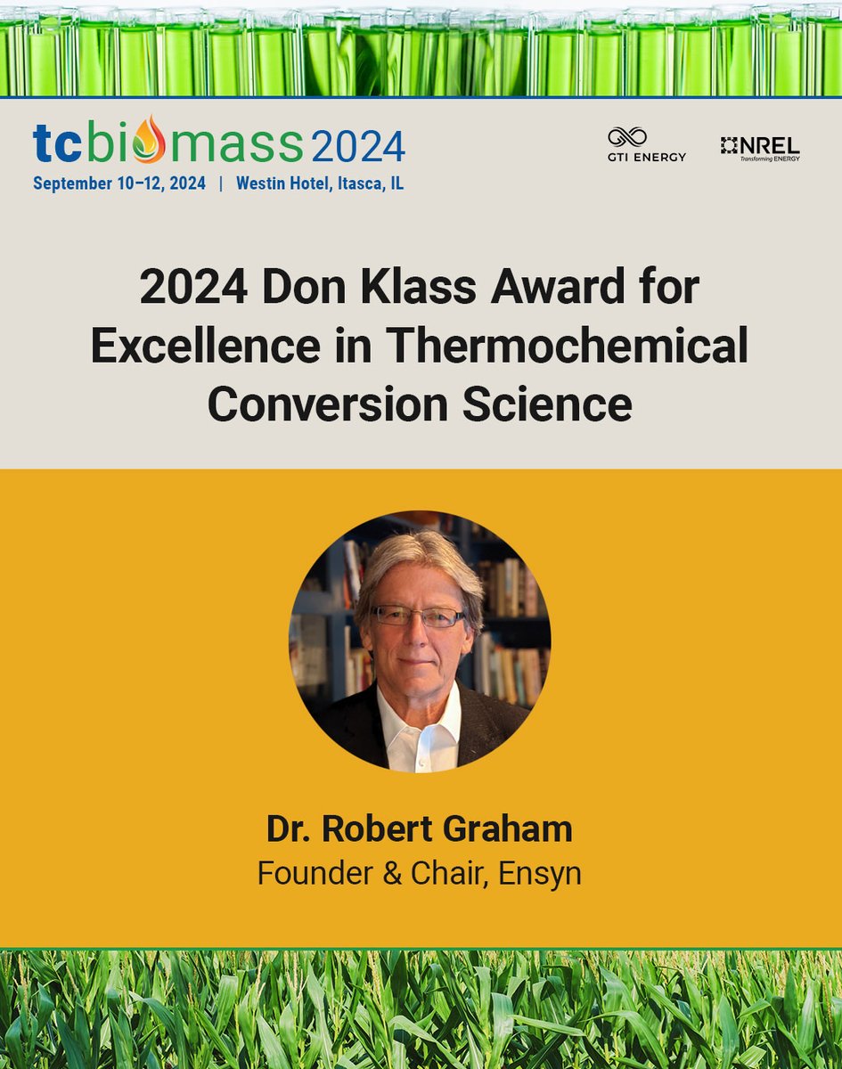 This year’s Don Klass Award will honor Dr. Robert Graham for his contributions to advance the future of bioenergy at #tcbiomass2024! Dr. Graham has been instrumental in enriching the biomass community and developing #renewablefuels and chemicals from biomass. 🙌