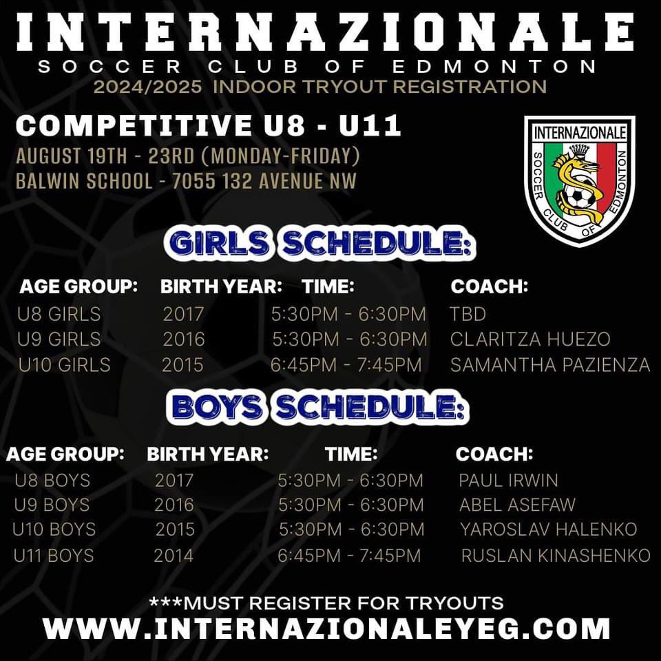 TRYOUTS (U8-U11) TONIGHT! 
It’s not too late to register for tryouts:
INTERNAZIONALEYEG.COM
Can’t wait to see you all on the pitch tonight! 
#yeg #yegsoccer #yegsoccerclub #yegsoccerweek