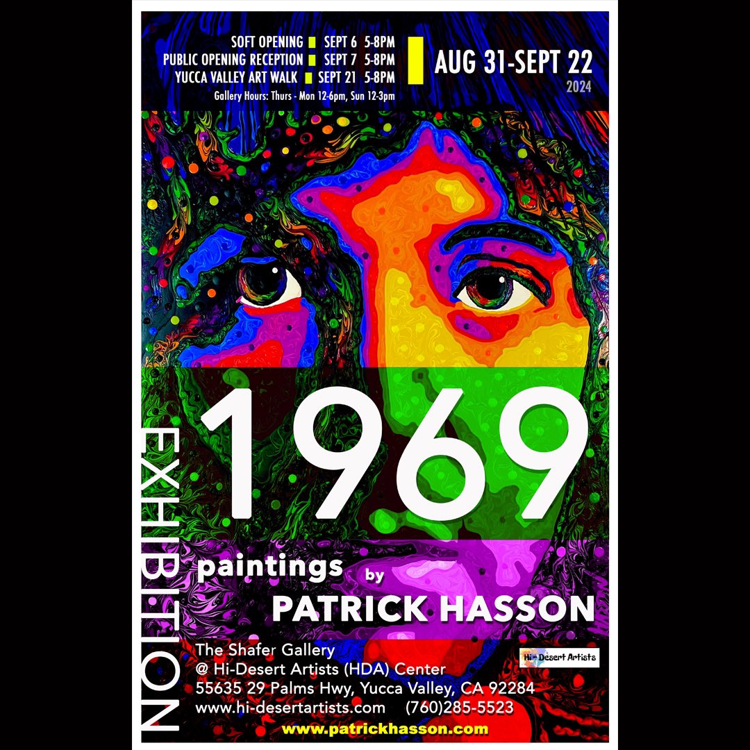 RainbowCowboyJT's tweet photo. Hey all…here’s the poster for my upcoming art show…if you’re in the Joshua Tree area, come check it out! #1969 #patrickhasson #patrickhassonartist #artshow #artexhibition #analogart #popart #rockart #yuccavalley https://t.co/wDjp5Jz6sM
