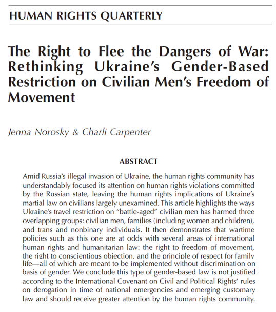 Charli Carpenter (@charlicarpenter) on Twitter photo proud of this piece with <a href="/jnorosky/">cassidy norosky</a> in <a href="/UCUrbanMorgan/">Urban Morgan Institute for Human Rights</a>'s Human Rights Quarterly. we show international law prohibits restricting civilian men's freedom of movement in war - an "overlooked" human rights problem in #Ukraine and beyond. <a href="/unhchr/">UNHCHR</a> @HRW <a href="/amnesty/">Amnesty International</a> bit.ly/4dRj2lC proud of this piece with <a href="/jnorosky/">cassidy norosky</a> in <a href="/UCUrbanMorgan/">Urban Morgan Institute for Human Rights</a>'s Human Rights Quarterly. we show international law prohibits restricting civilian men's freedom of movement in war - an "overlooked" human rights problem in #Ukraine and beyond. <a href="/unhchr/">UNHCHR</a> @HRW <a href="/amnesty/">Amnesty International</a> bit.ly/4dRj2lC