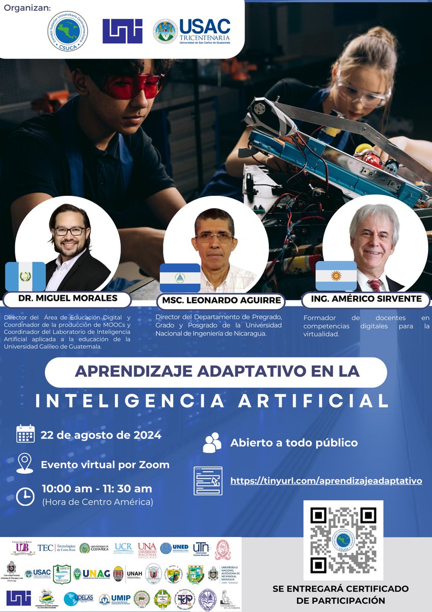 SGCSUCA's tweet photo. 📢 Te invitamos a participar en la mesa redonda "Aprendizaje Adaptativo en la Inteligencia Artificial"
📅 22 de agosto
⏰ 10:00hrs (Centroamérica)
👉 Registro: https://t.co/LBeDMOJrx7
Se entregará certificado de participación
#EducaciónSuperior #CSUCA #inteligenciaartificial https://t.co/SRCUWcaUh0