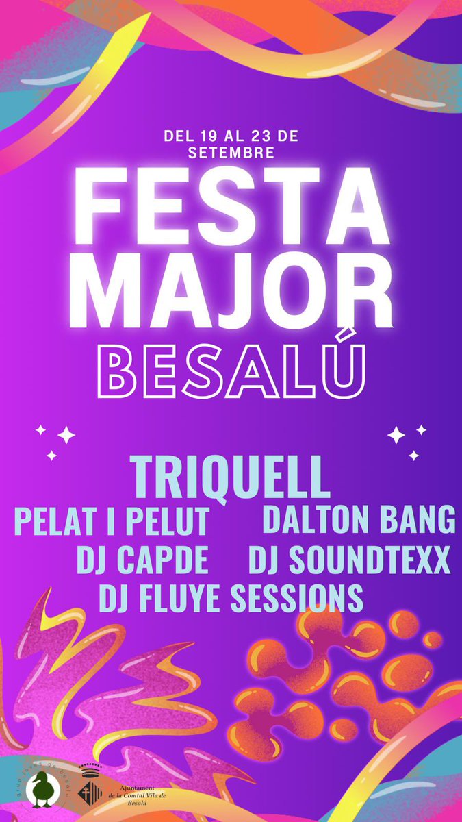 Aj_Besalu's tweet photo. Us avancem programació Festa Major #Besalú #FM2024 #SantPrim del 19/23 de setembre amb @_triquell @pelatipelut @djcapde @soundtexxmusic i
https://t.co/0RQksXIohw https://t.co/KzxfhFiW7Z
