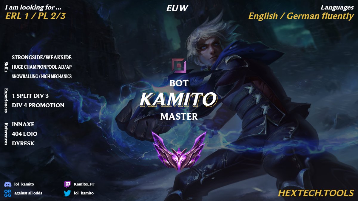 After joining <a href="/404_Multigaming/">404 Multigaming e.V.</a> during my offsplit to help them promote to Div 4, i am more motivated than ever to prove what i am capable of.

- PL Div 3 experience
- S13 1019LP
- S14 589LP Peak

Rt's and Likes are appreciated

<a href="/lft_prm/">LFT PRM</a> 
<a href="/lft_prime/">Prime League LFT</a> 
@EMEA_LFT