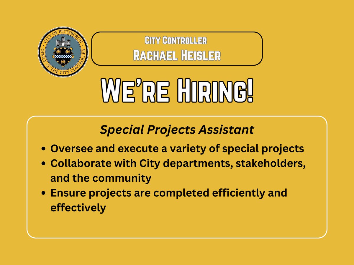 PGHController's tweet photo. Are you a detail-oriented multitasker with a passion for making a difference? We're hiring a Special Projects Assistant to work alongside the Controller in driving important initiatives forward.

Find more details and apply today: https://t.co/3SYkJ1v7hf https://t.co/nwWI4EXHTa