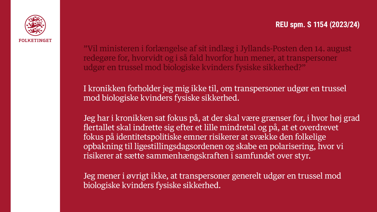 <a href="/madsbrynnum/">mads brynnum</a> <a href="/RosaLundEl/">Rosa Lund</a> <a href="/larsbalker/">Lars Balker</a> Det første svar er kommet: Hun laver en uskøn rygsvømning. Hun understreger at transpersoner ikke fortjener lige rettigheder, men at de ikke er fysisk farlige. ft.dk/samling/20231/…