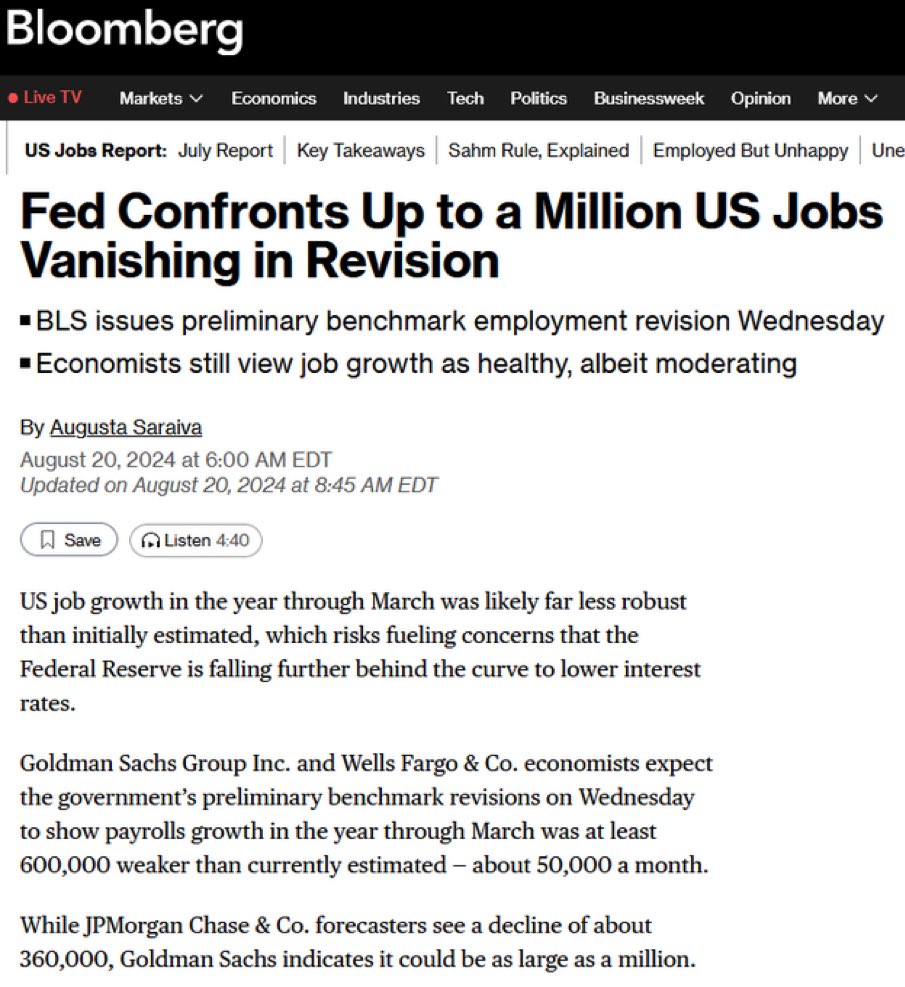 WallStreetMav's tweet photo. The Bureau of Labor Statistics (BLS) finally admits that they have been lying about job numbers.
1 million jobs disappearing. https://t.co/hqCMs8Uomh