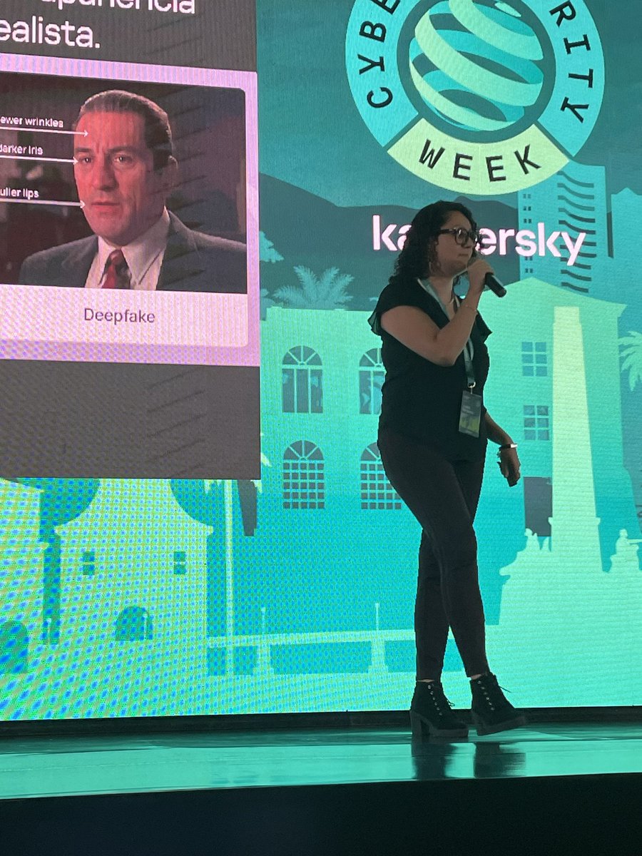alemayorgah's tweet photo. En la era de la IA, la clonación de voces y los deepfakes juegan un papel relevante en el panorama de ciberataques, de ello nos habla María Isabel Manjarrez analista de ciberseguridad en @KasperskyLatino #CSWLATAM https://t.co/3vxAD6JPce