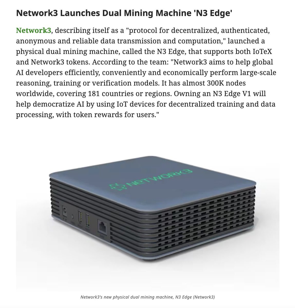 network3_ai's tweet photo. 🥳Network3 has already achieved a lot with our amazing community, and N3 Edge V1 continues to make waves, attracting tons of attention.✨
🙌But this is just the beginning—there’s so much more to come! 

👀Check out this report from Coindesk👇

https://t.co/3lFNDvbmV2

#Network3 #Coindesk #web3 #DePIN