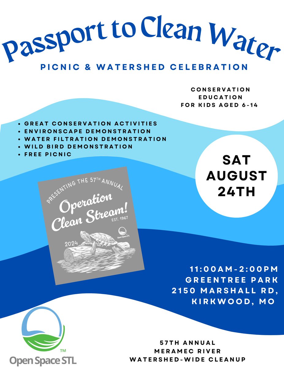 OpenSpaceSTL's tweet photo. Join us for our Passport to Clean Water event for kids on Saturday
As part of #OperationCleanStream , this event will be held at Greentree Park in Kirkwood from 11 am to 2 pm
Thanks to our sponsors:
@MSDProjectClear @GreatRiversSTL @Bayer4CropsUS @moamwater
πβπ¦π£π³ https://t.co/doDoNvWX3F