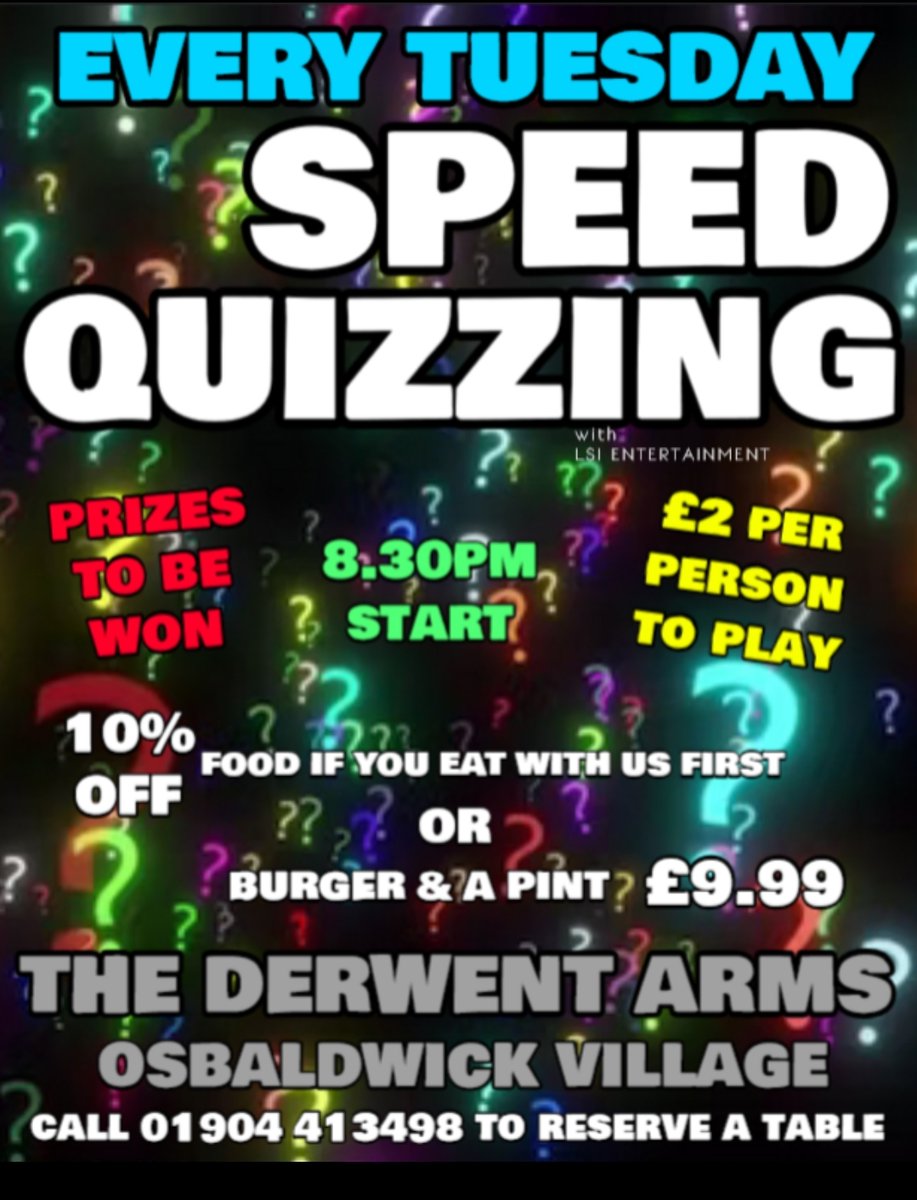 TheDerwentArms's tweet image. SPEED QUIZ every Tuesday Night starts at 8.30pm @ The Derwent Arms Osbaldwick. #speedquiz #speedquizzing #quiznights #yorkquiz #pubquiznight #yorkpubs #pubsofyork