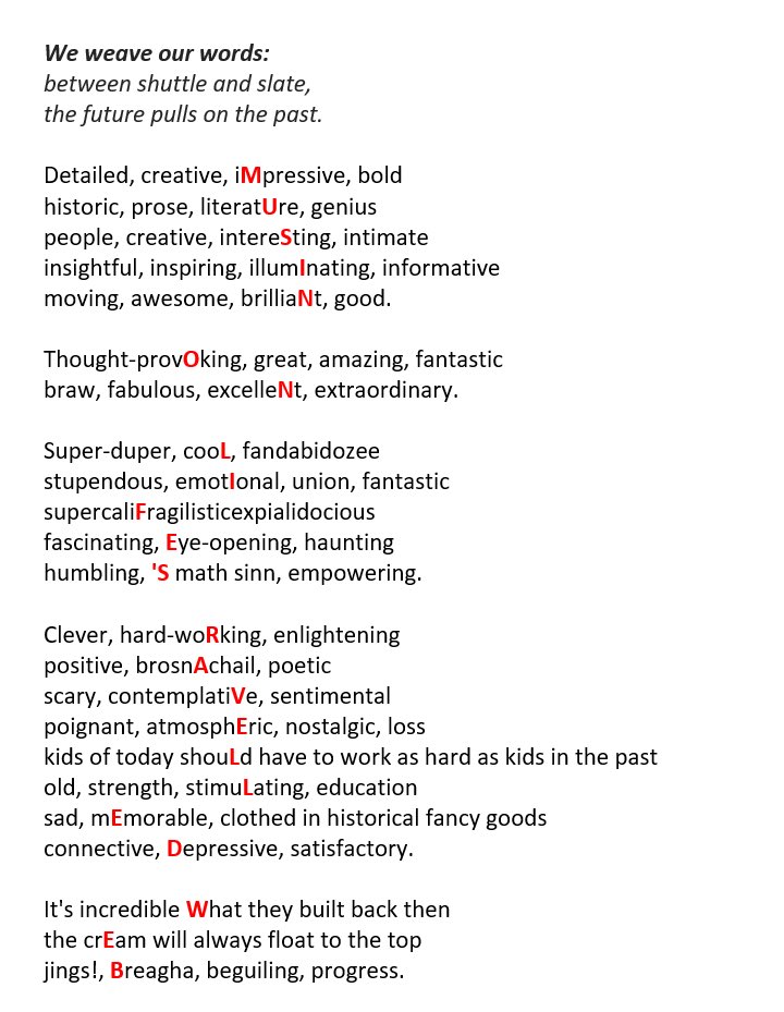 LearningHoolet's tweet photo. Thanks to aw the veesitors thit came tae Stanley Mills to see the Literature in the Mills & Factories exhibition. As promised, your comments were used by @sharpette to create a found poem, one line of which can be read vertically to reflect warp & weft threads. #LearningWithHES https://t.co/mCF5qUesJ7