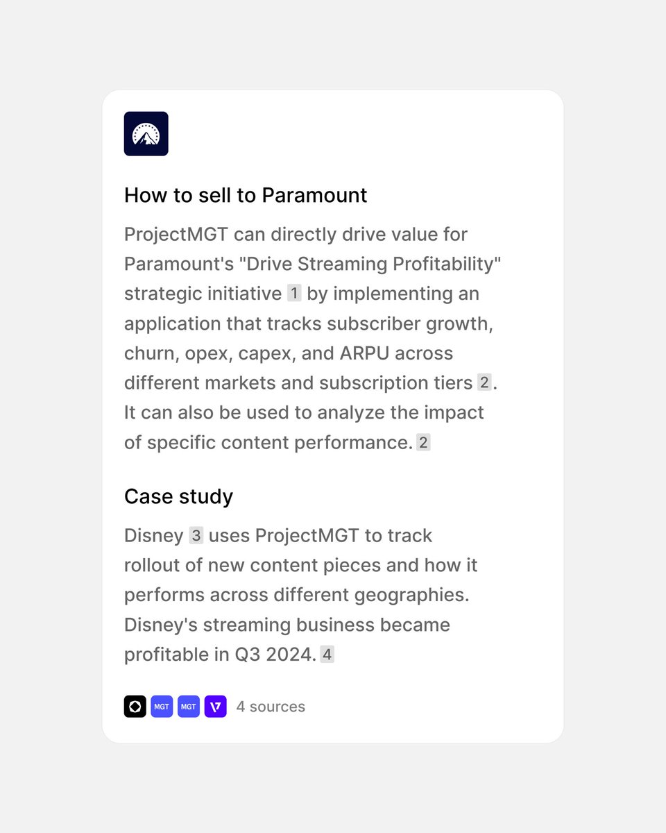 lightfld's tweet photo. Imagine you are a seller trying to break into @ParamountPics.

You get a precise insight for how to conduct outreach that resonates, with analysis that marries Paramount's strategic initiatives with your company's sales playbook and value prop.

Gone are the days of manually researching accounts across the public web and your internal data sources.

Stay tuned for more intelligence on how to break into large accounts.