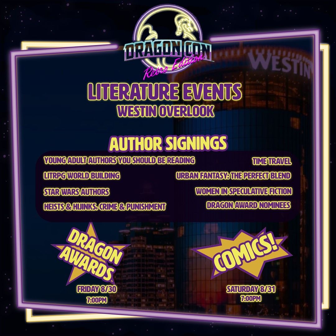 Hey #DragonCon2024! Don't forget that there are some AMAZING author signings happening at the Westin Overlook! We'll have drawings for cool prizes at each of the themed signings! Check out our schedule at dragoncon.org/things-to-do/a…