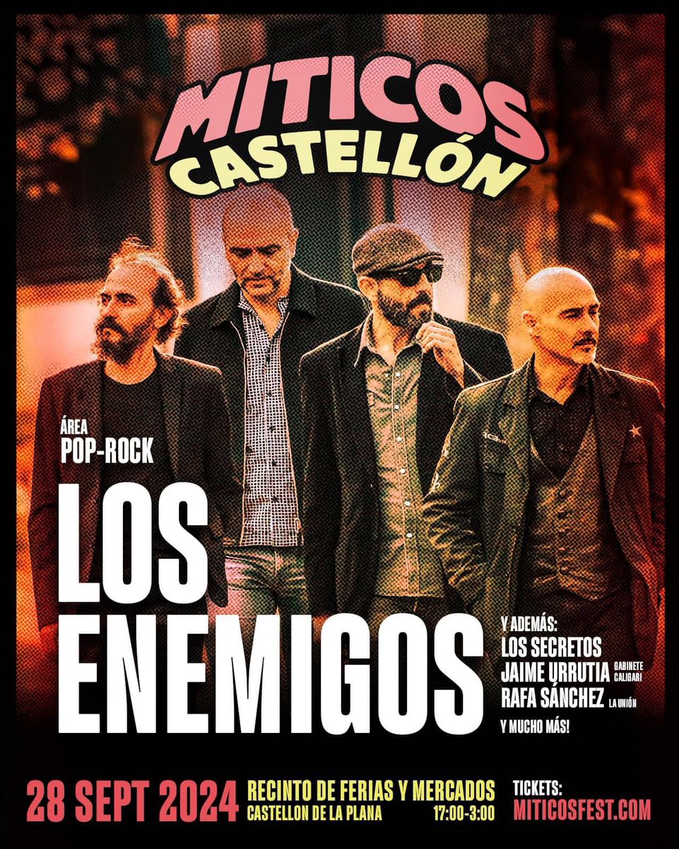 LosEnemigos(oficial) (@revueltaenemiga) on Twitter photo Septiembre nos espera a la vuelta de la esquina con dos citas muy especiales a la vera del Mediterráneo. Allí nos vemos.
🎶27 septiembre VALENCIA
<a href="/salarockcity/">Sala Rock City</a>
Entradas: wegow.com/es/conciertos/…
🎶 28 septiembre CASTELLÓN
<a href="/MiticosFestival/">Míticos Festival 2024</a>
Entradas: miticosfest.com Septiembre nos espera a la vuelta de la esquina con dos citas muy especiales a la vera del Mediterráneo. Allí nos vemos.
🎶27 septiembre VALENCIA
<a href="/salarockcity/">Sala Rock City</a>
Entradas: wegow.com/es/conciertos/…
🎶 28 septiembre CASTELLÓN
<a href="/MiticosFestival/">Míticos Festival 2024</a>
Entradas: miticosfest.com