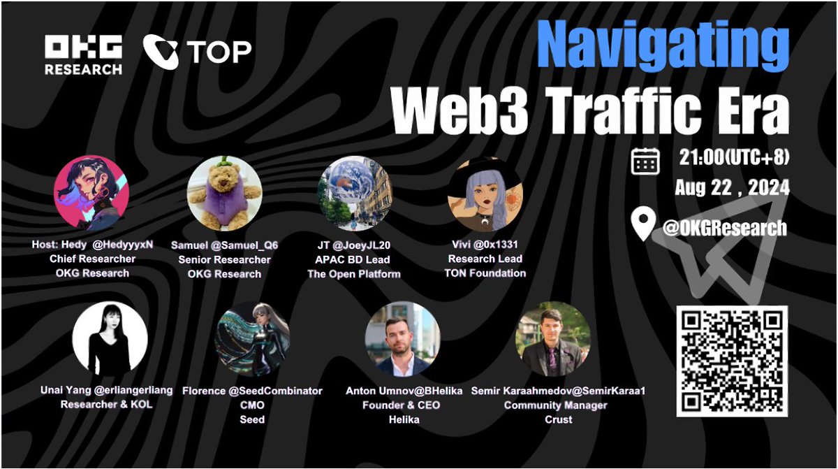 OKG Research #AMA Co-host with <a href="/topdotco/">The Open Platform</a> 

🚀Navigating Web3 Traffic Era
🗓️ Date &amp; Time: 22nd 2024 &amp; 21:00pm UTC+8
🎁Follow <a href="/OKGResearch/">OKG | 歐科雲鏈</a> &amp; <a href="/topdotco/">The Open Platform</a>
🚩RT + @ 3 friends + ❤️ + Comment with your 1 interested question

💎Gifts drop for 5 valuable comments!

x.com/i/spaces/1ynJO…