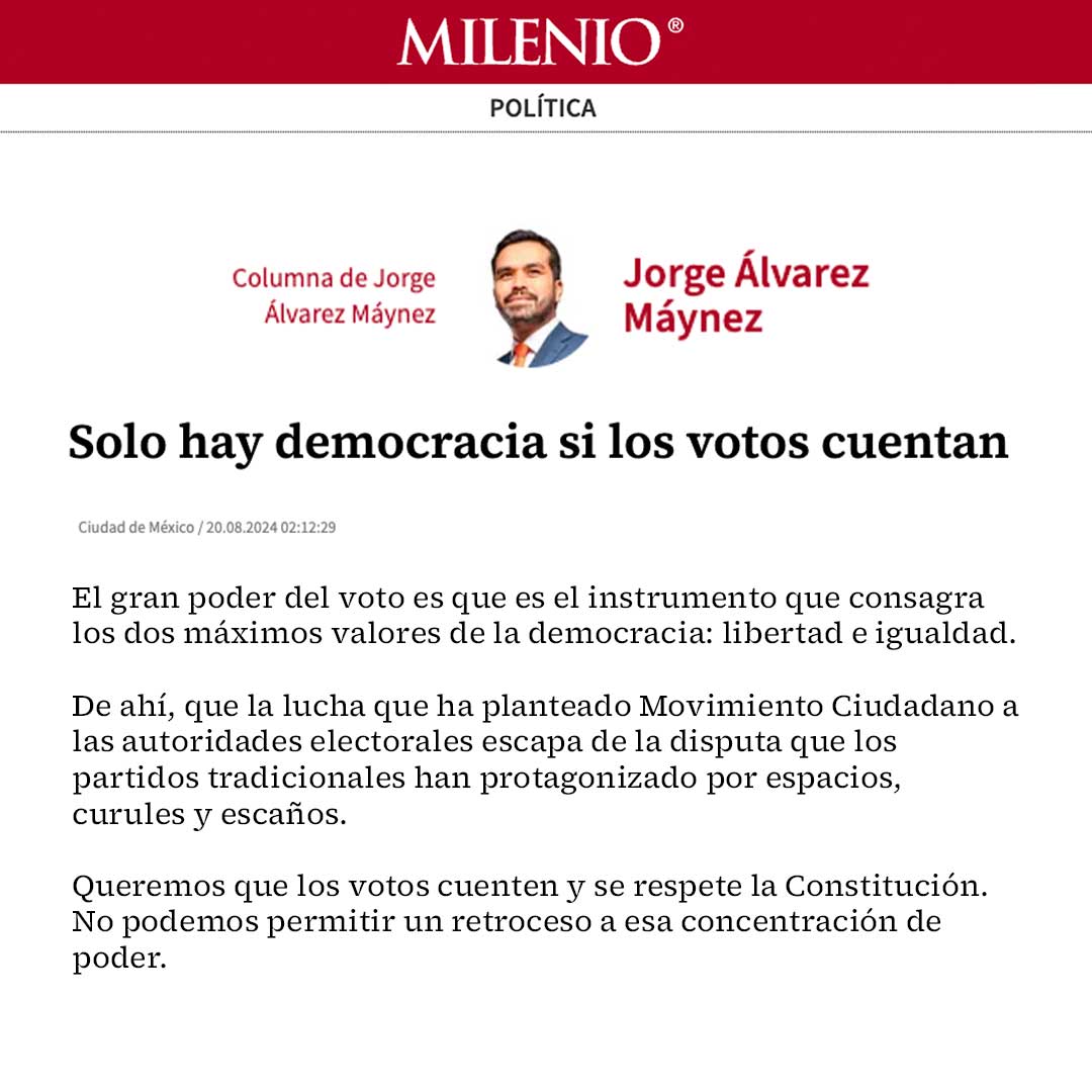 Defender los votos de más de 6.5 millones de mexicanos que votaron por una opción distinta es hacer valer la democracia a través de la libertad para elegir y la igualdad para ser representados sin condiciones. 

Aquí puedes leer la columna de <a href="/AlvarezMaynez/">Jorge Álvarez Máynez</a> 👉