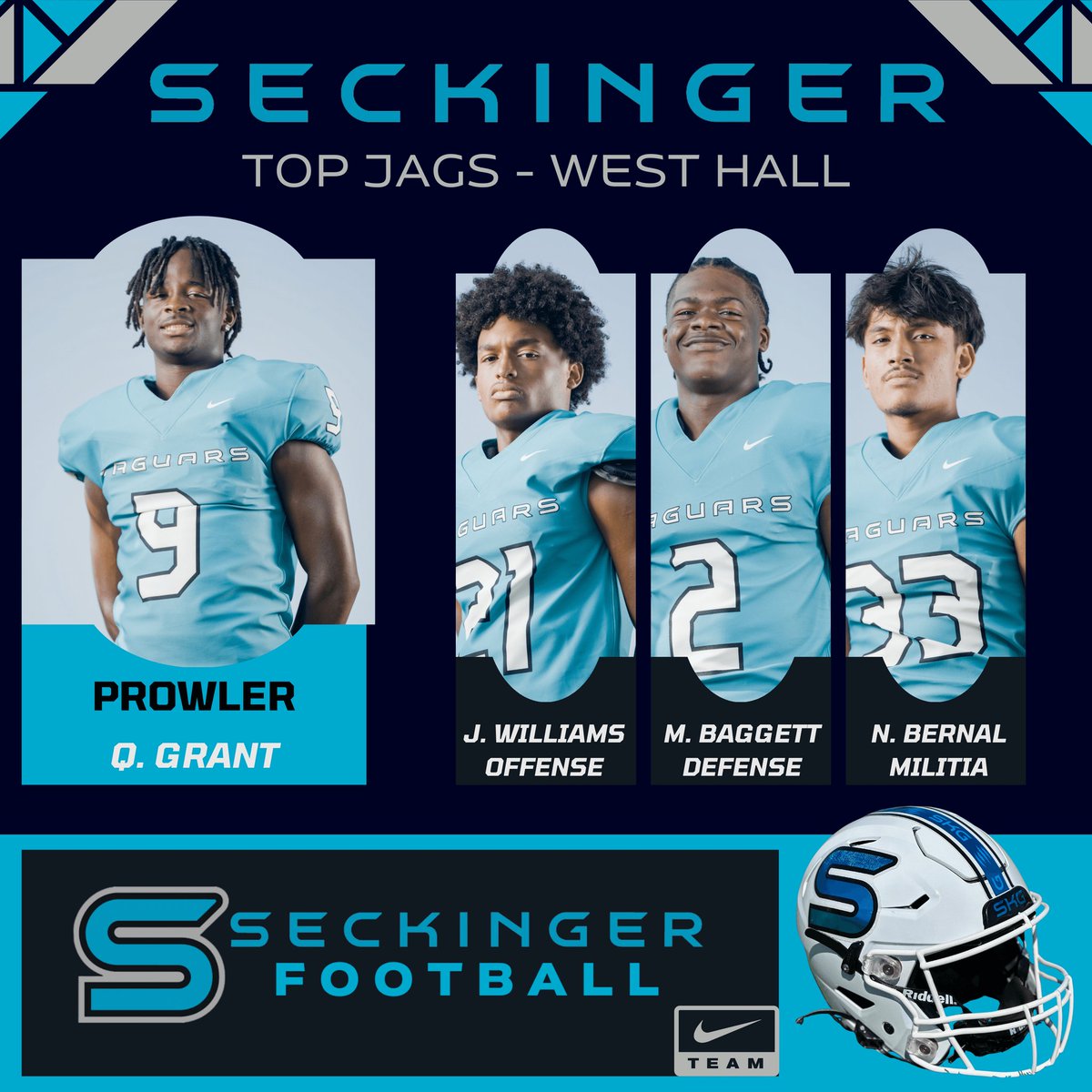 SKG_FBRecruits's tweet photo. Shout out to our week 1 players of the week. C/O 2024 Qua Grant & Nick Bernal. C/O 2025 @jaimen_williams @jbaggett_11. C/O 2026 Ethan Abrams. C/O 2027 Kasan Carmichael. #BeAJag #BleedBlue #WithIntentionNow #HoldTheRope @SKG_Football @SKG_Athletics @CoachTonyLotti https://t.co/qjGhtw5HgP