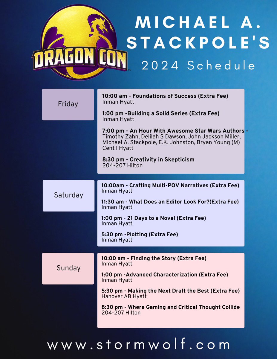 This is where you can find me at DragonCon!

(The writing classes are cheaper if you buy ahead, and will cost you $10 at the door.)