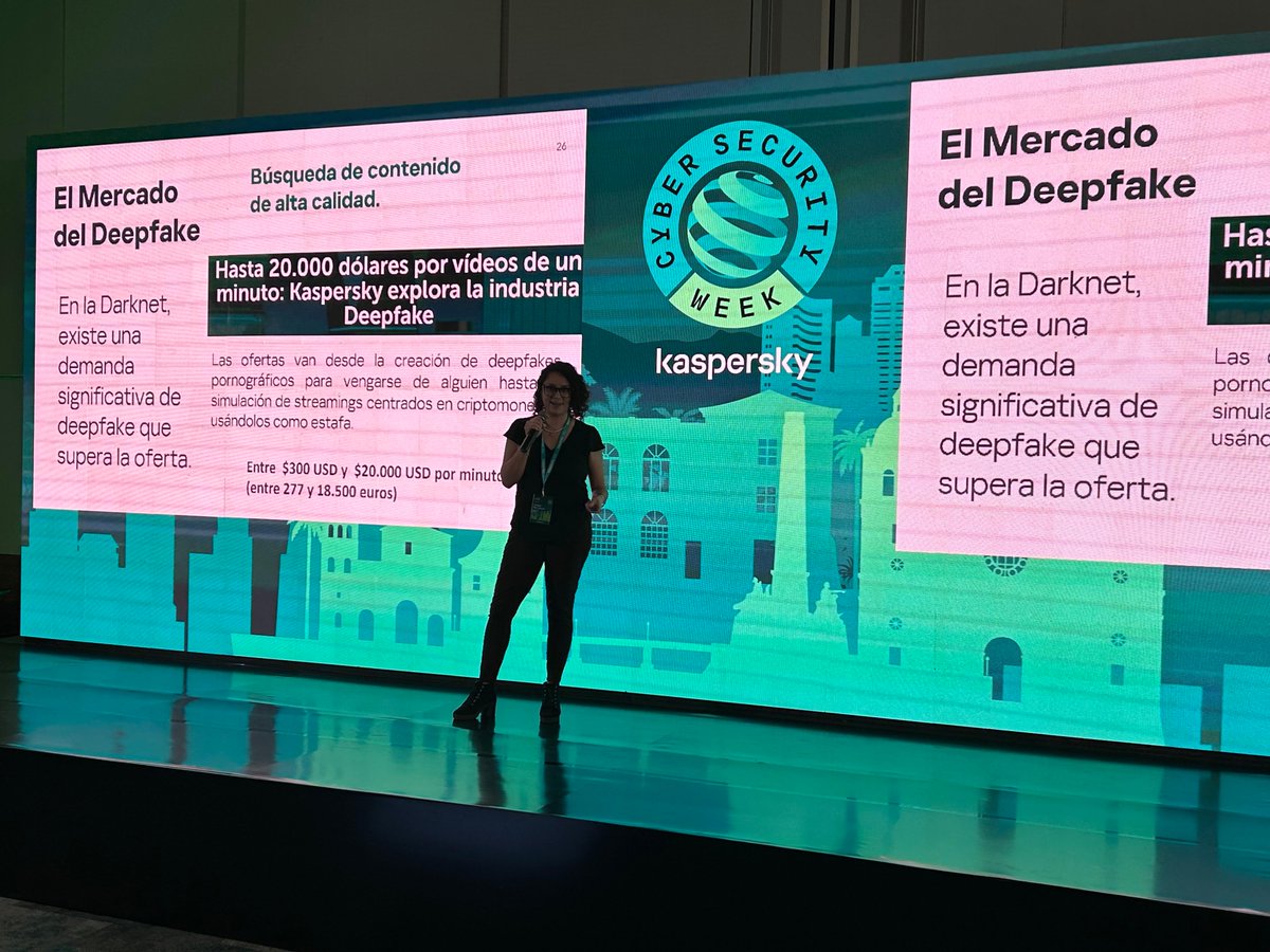 KasperskyLatino's tweet photo. 🔍 ¿Real o falso? Isabel Manjarrez de Kaspersky explica cómo los #deepfakes y la clonación de voz dificultan distinguir lo verdadero de lo falso. Los cibercriminales están usando esta confusión para engañar y manipular a los usuarios. #CSWLATAM #IA #Fakenews https://t.co/EvCh2NgbUQ