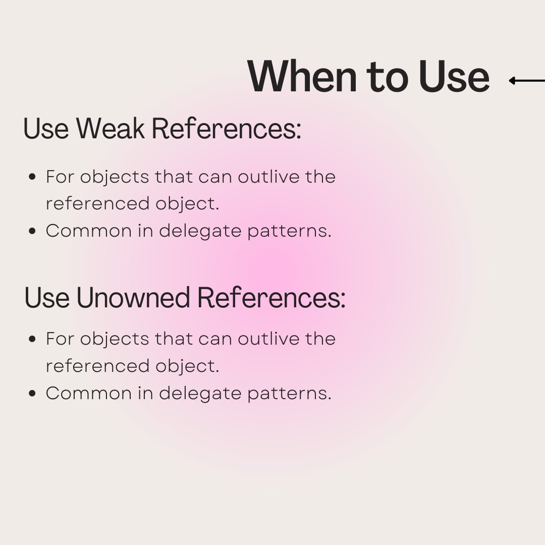 rishixcode's tweet image. 📚 Understanding Weak vs Unowned References in Swift!
Learn the key differences and best practices to avoid retain cycles in your Swift code. Dive into this quick guide to master memory management with weak and unowned references.
#Swift #iOSDevelopment #SwiftTips #Programming