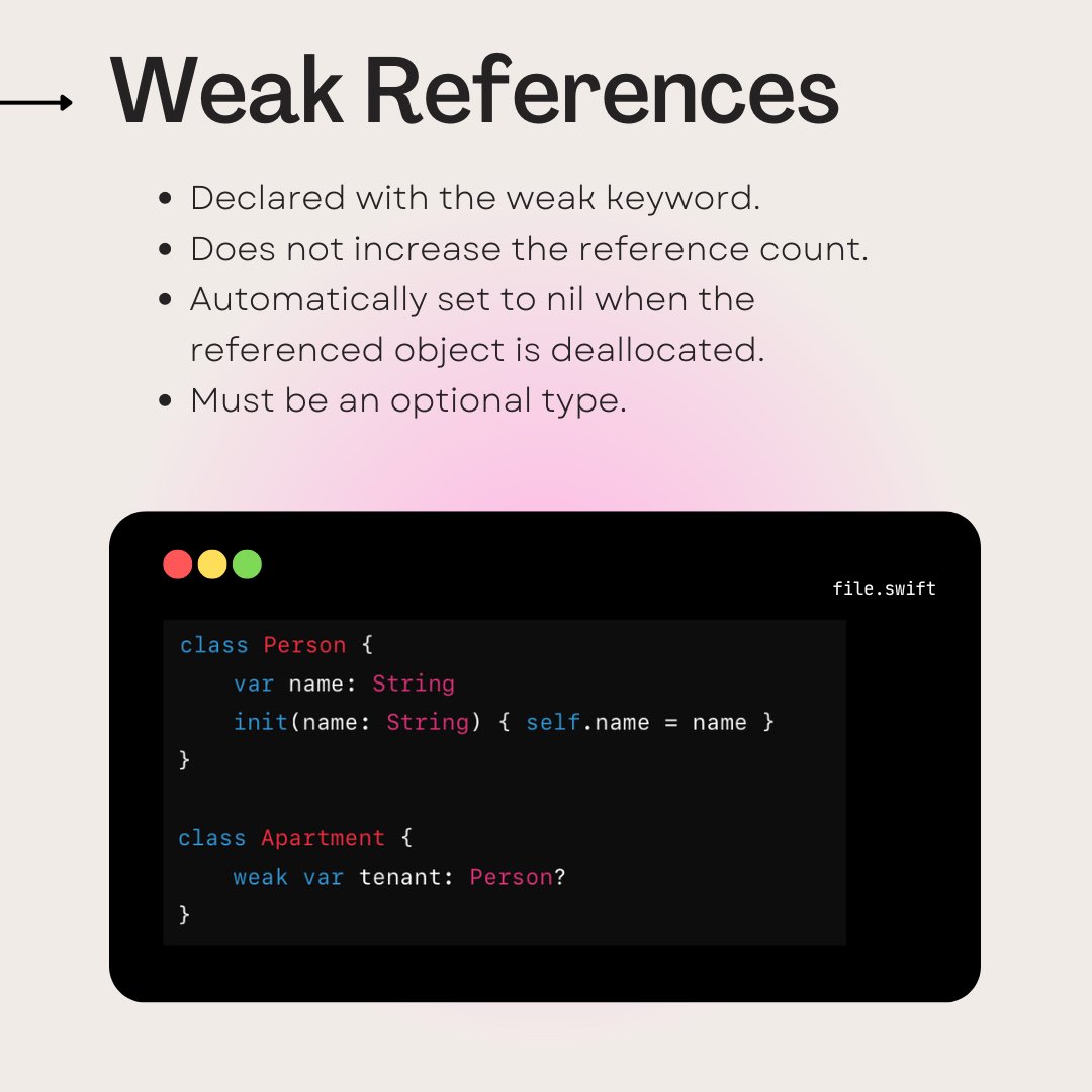 rishixcode's tweet image. 📚 Understanding Weak vs Unowned References in Swift!
Learn the key differences and best practices to avoid retain cycles in your Swift code. Dive into this quick guide to master memory management with weak and unowned references.
#Swift #iOSDevelopment #SwiftTips #Programming