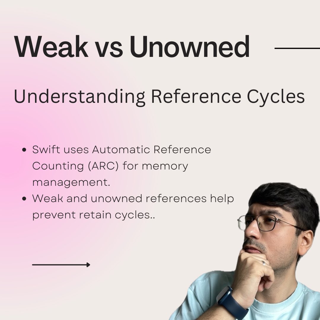 rishixcode's tweet image. 📚 Understanding Weak vs Unowned References in Swift!
Learn the key differences and best practices to avoid retain cycles in your Swift code. Dive into this quick guide to master memory management with weak and unowned references.
#Swift #iOSDevelopment #SwiftTips #Programming