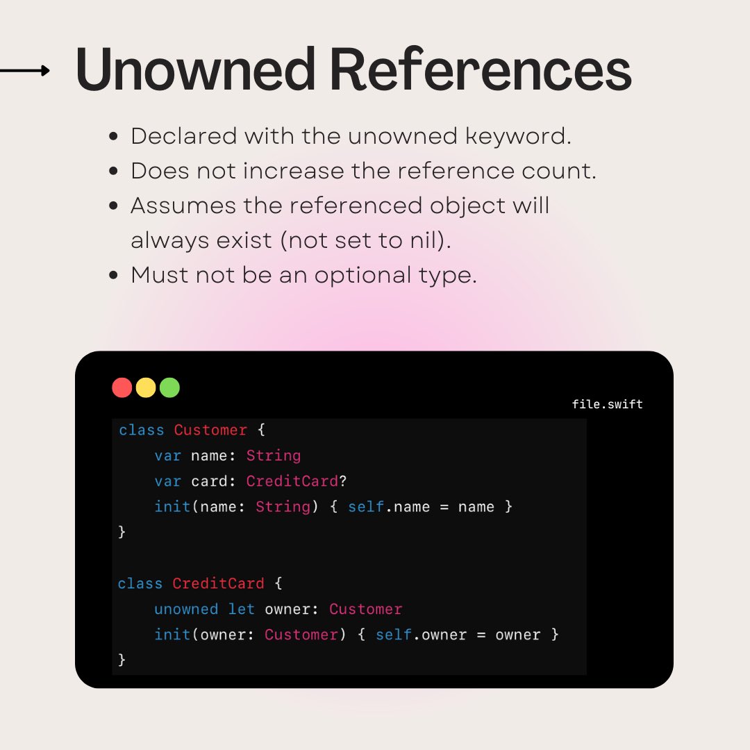 rishixcode's tweet image. 📚 Understanding Weak vs Unowned References in Swift!
Learn the key differences and best practices to avoid retain cycles in your Swift code. Dive into this quick guide to master memory management with weak and unowned references.
#Swift #iOSDevelopment #SwiftTips #Programming