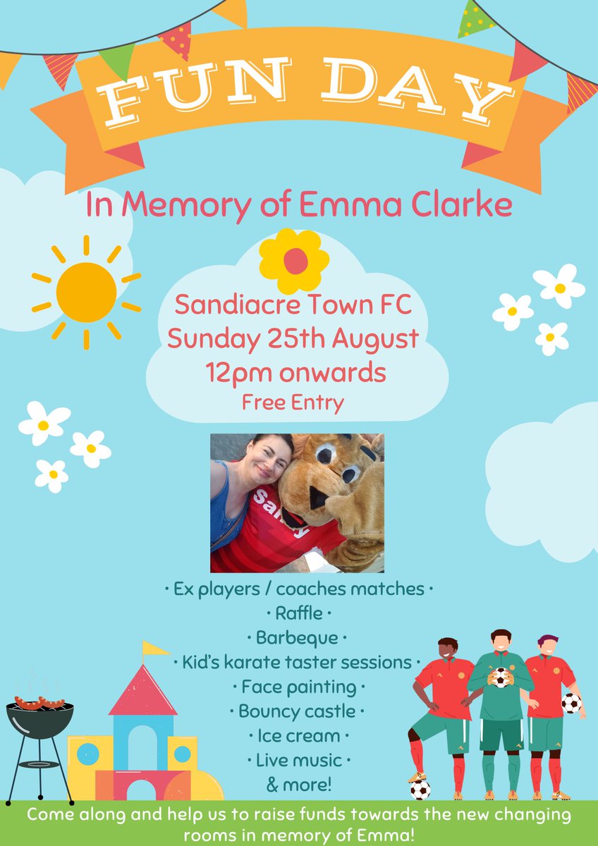 AmyMarissa92's tweet photo. Come &amp; join us for our Family Fun Day this bank holiday Sunday at Sandiacre Town FC in memory of Emma. 💛 

🕰️ 12pm onwards 🎟️ Free entry ⚽️ Football match 1.30pm
🎧 DJ will be providing entertainment in the clubhouse from 3pm. https://t.co/lPb7V5xjyA