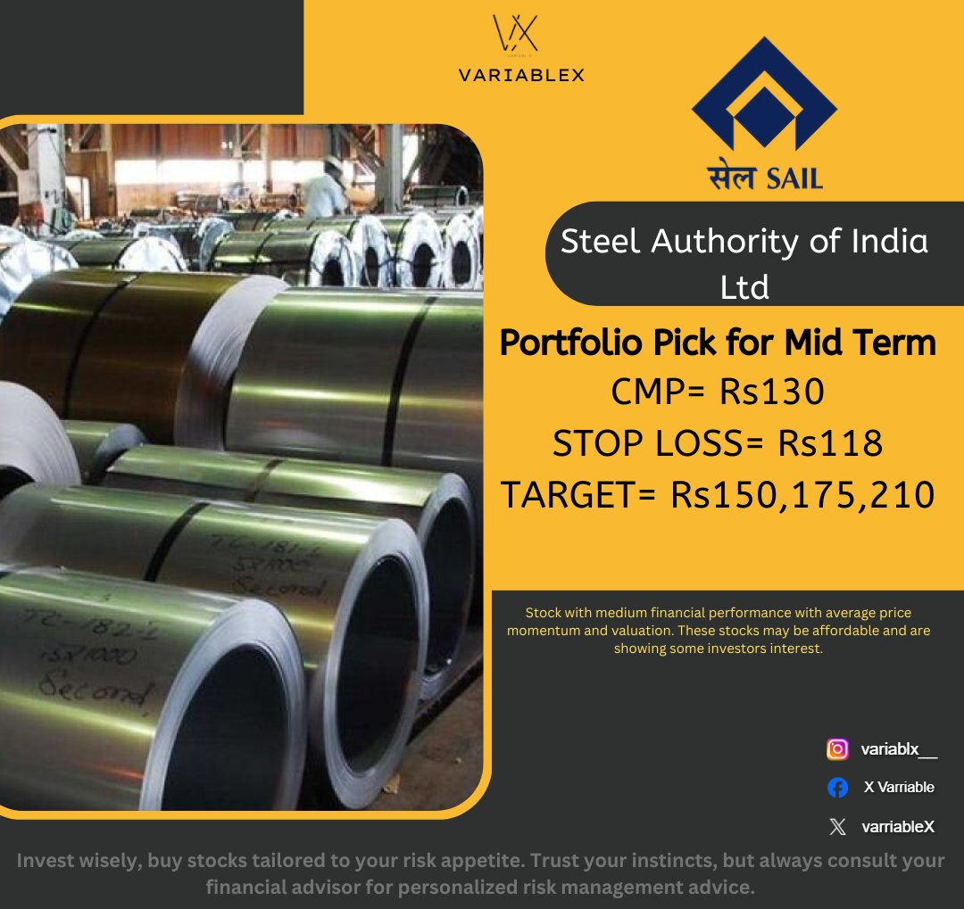 varriableX's tweet photo. SAIL Navigating Midterm Success Together 🚀

#ganpatibappamorya #varriablex #sail #steel #tradingview #chartpattern #swingtrade #scalpingtrader #optiontrading #trending #sharemarket #stockmarket #nifty #sensex #investing #trading #nse #bse #stockmarketindia #stocks #Indian https://t.co/HZBzUvegul