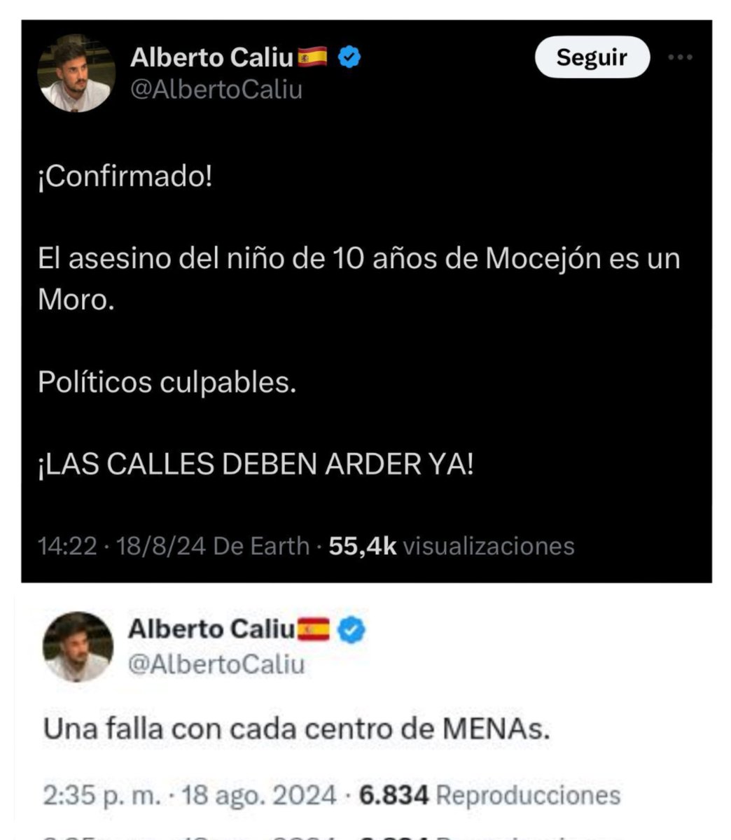 Alberto Ferrando Sánchez, alias Alberto Caliu, acaba de cerrar su cuenta de X al trascender que <a href="/fiscal_es/">Fiscalía General</a> investiga bulos xenófobos sobre el asesinato del niño de Mocejón y llamamientos a asesinar niños inmigrantes.

Pero tenemos certificados sus tuits.
