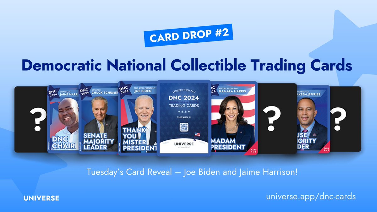 It’s that time #DemConvention! Today’s reveal includes the President Joe Biden card and the DNC Chairman Jaime Harrison card! Keep your eyes out for UNIVERSE staff and other collectors looking to trade! Looking for more updates? Join our text list at universe.app/dnc-cards