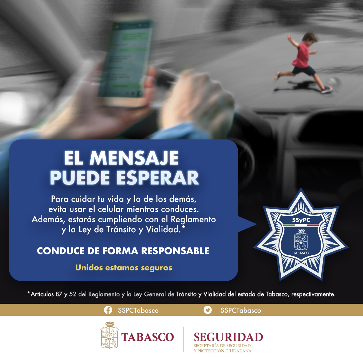 Todos podemos contribuir a mejorar la #CulturaVial en nuestro estado. Tomemos en cuenta que al conducir sin precaución, ponemos en peligro nuestra vida y la de los demás. Evitemos acciones que podían generar accidentes