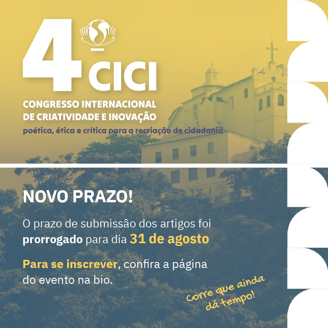 criabrasilis's tweet photo. O 𝙥𝙧𝙖𝙯𝙤 𝙙𝙚 𝙨𝙪𝙗𝙢𝙞𝙨𝙨ã𝙤 𝙙𝙤𝙨 𝙩𝙧𝙖𝙗𝙖𝙡𝙝𝙤𝙨 será 𝙖𝙩é 31.𝙖𝙜𝙤𝙨𝙩𝙤.2024! 
4o. Congresso Internacional de Criatividade e Inovação (CICI) será na Universidade Federal do Espírito Santo (UFES)# 
presencial 12, 13, 14.nov.2024
https://t.co/m2F5r0WXdG https://t.co/Ia8rMJDMeT